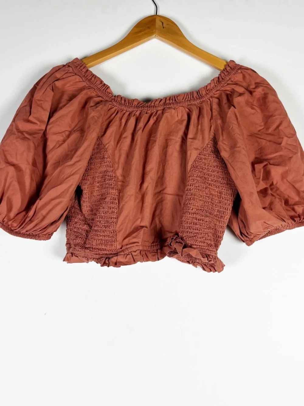Free People Cotton Poplin Smocked Stretch Bodice Puff Sleeve Crop Top Orange LG